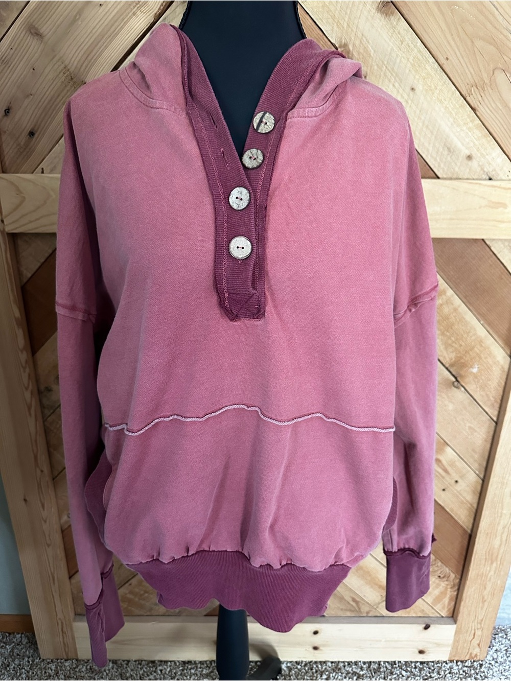 Dusty Rose Button-Front Hooded Sweatshirt by White Birch with pockets